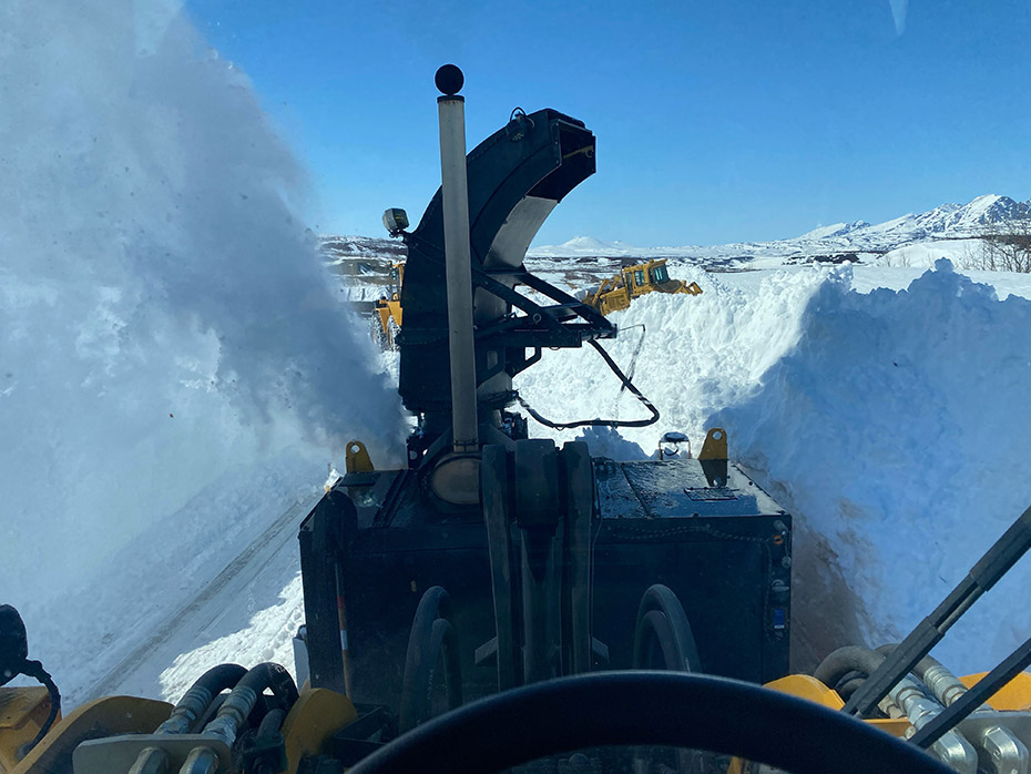 A snow blower works to clear snow near Denali Highway mile 28, April 2021. Photo courtesy of David Hoffmeister, DOT&PF