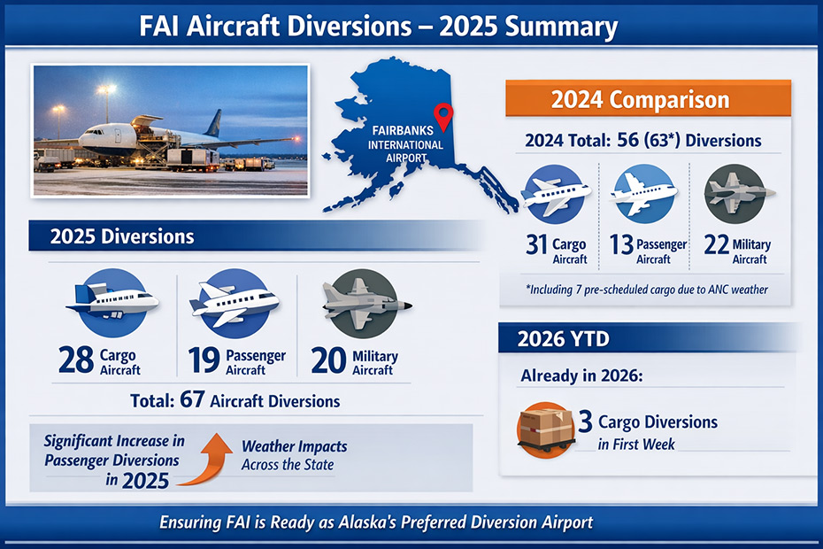 infographic showing aircraft diversion statistics at FAI in 2025