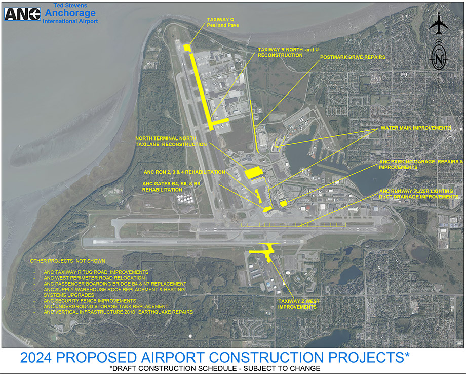 overhead view of construction projects at Anchorage International Airport