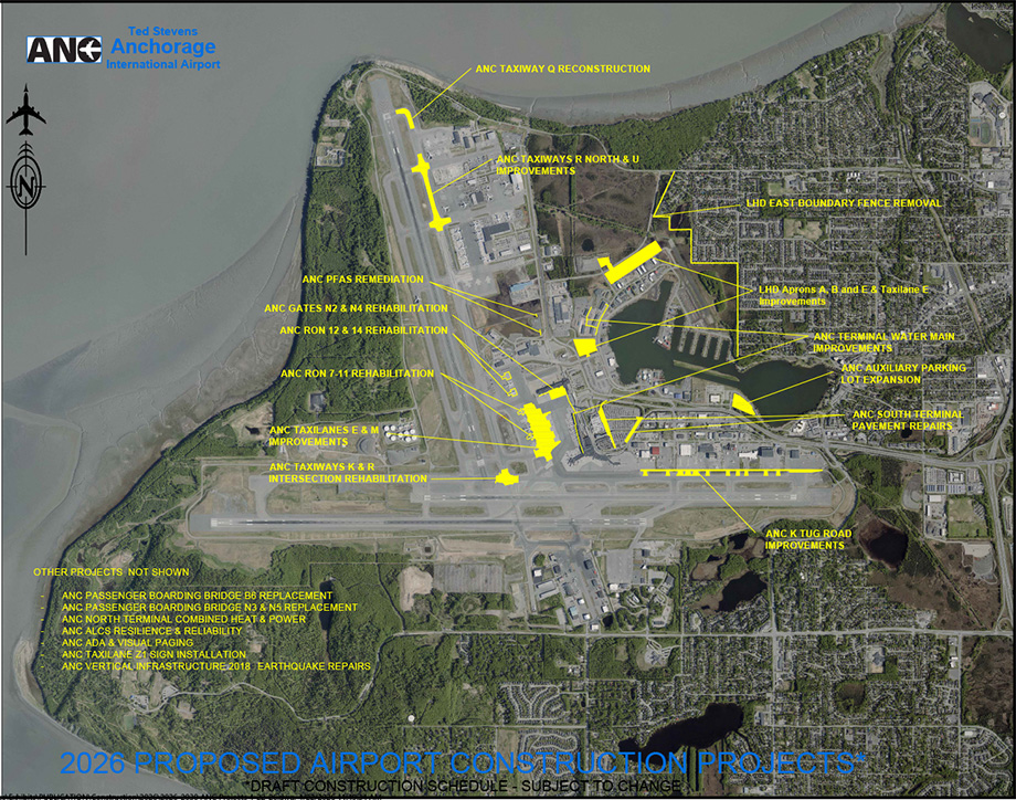 overhead view of construction projects at Anchorage International Airport