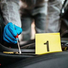 gloved hand collects evidence, marked number 1, using a cotton swab