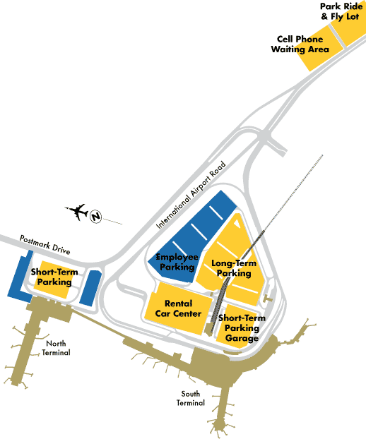 Overhead view of parking areas and terminals at Ted Stevens Anchorage International Airport