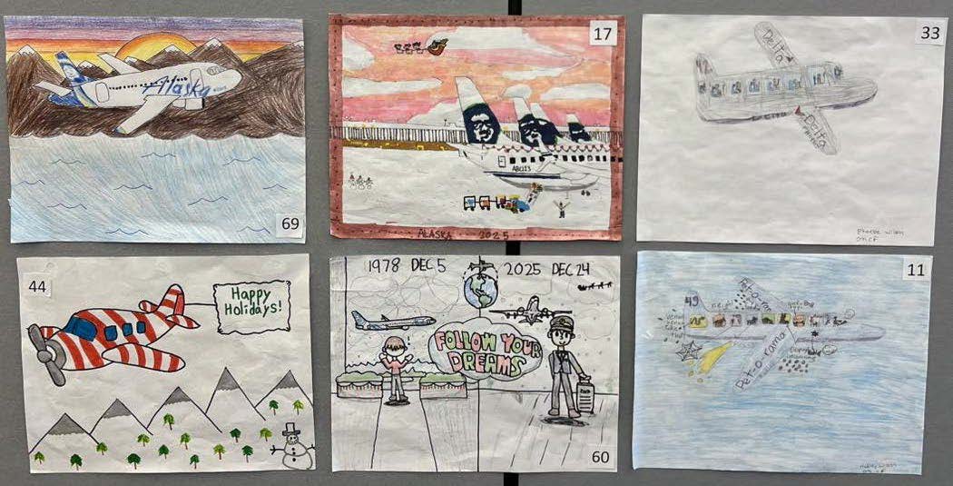 six pieces of children's artwork on display