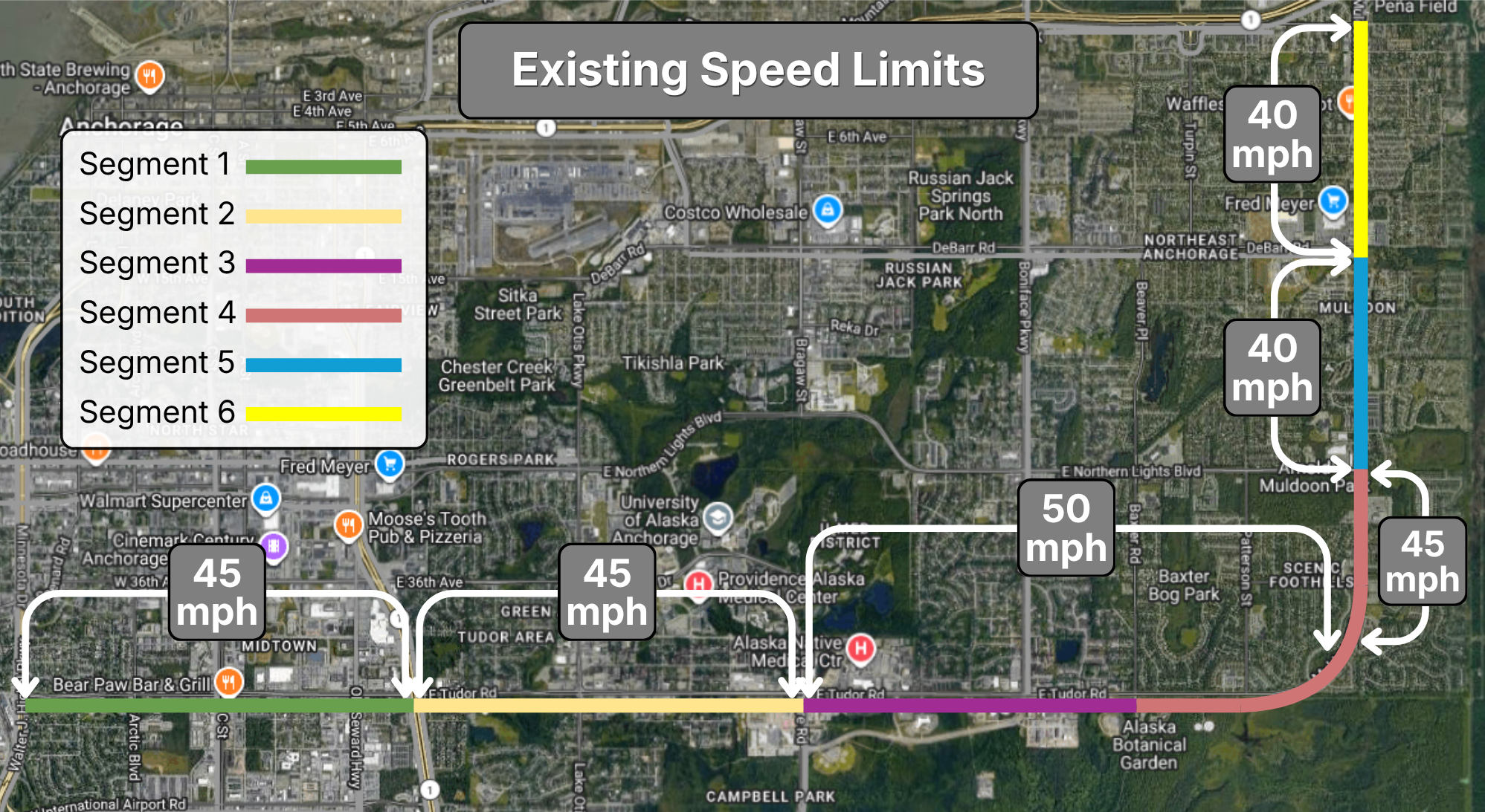 map showing existing speed limits of Tudor and Muldoon Roads
