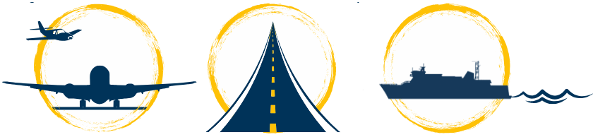 artistic representations of airplanes, a roadway, and a ferry vessel