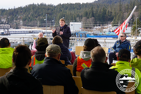 Click for larger view: DOT&PF Commissioner Ryan Anderson speaks during the MOU signing ceremony aboard the MV Tazlina.