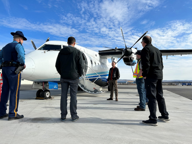 Click to view: Airman from the 524th Special Operations Squadron describes to
Alaska State Troopers and Alaska DOT&PF personnel the C-146 Wolfhound
aircraft that will be landing on a stretch of the Parks Highway May 17th as
part of the military's Arctic Edge 2023 training exercise