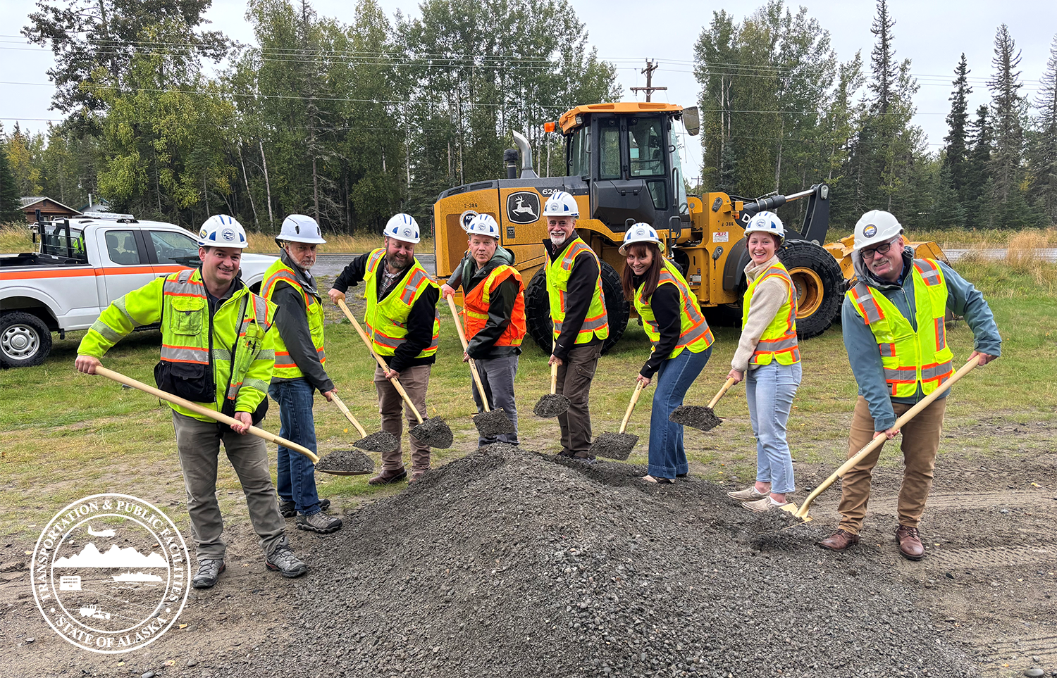 image: Project Engineer Donny Greva (far left), Commissioner Anderson and Mayor Micciche (center), Central Region Director Sean Holland (far right), and Kenai Borough residents get the Kenai Spur Highway Upgrades Phase II project started. (Alaska DOT&PF photo)