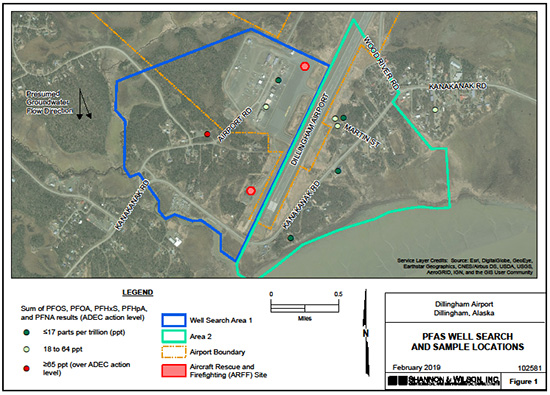 Overhead view of Dillingham Airport well search and sample locations with legend, dated February 2019