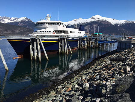 M/V Tazlina docked in Haines during May 2019 dock trials. Photo credit: Kirk Miller, Alaska DOT&PF.