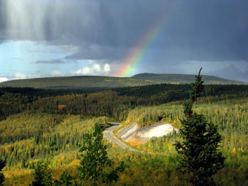 rainbow, road, and mountain scenic photo