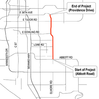overhead map view of the Elmore Road section that will be under construction