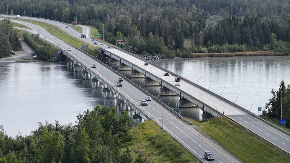 Figure 1. An aerial photo of the Knik River bridges. Photo credit Jonathan Tymick, DOT&PF.