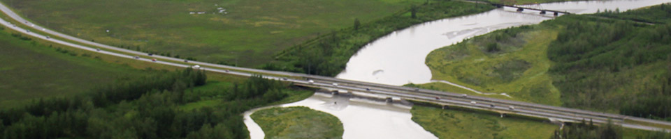 Overhead view of the Knik River bridge on the Glenn Highway
