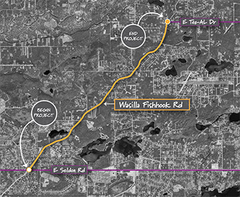 Overhead view of map showing project area of Wasilla Fishhook Road
