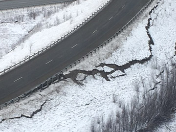 Embankment failure along the Glenn Highway off ramp at the Glenn-Parks Interchange.