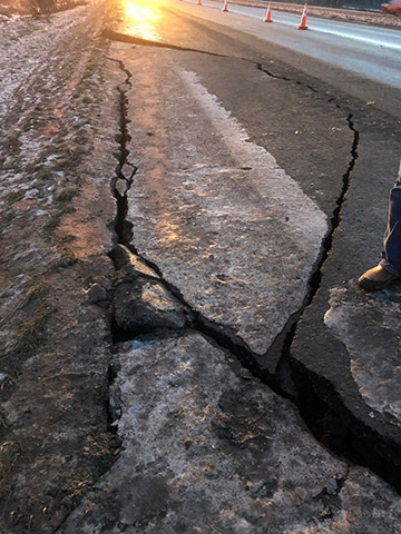 Pavement failure along the Glenn Highway near the Old Glenn Highway Interchange.