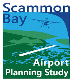Scammon Bay Airport Planning Study logo, depicting an Cessna style aircraft outline in blue, similar to the aircraft currently serving Scammon Bay, above a depiction of the airport, hills, and river of Scammon Bay. 