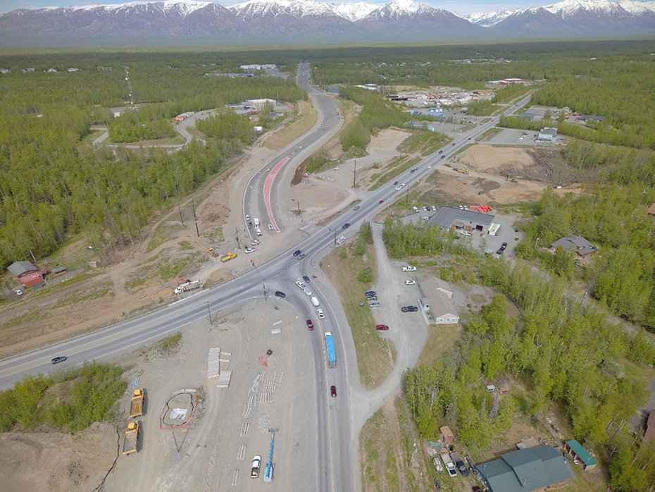 Drone photo of active construction at the Seward Meridian Parkway and Bogard Road Intersection.