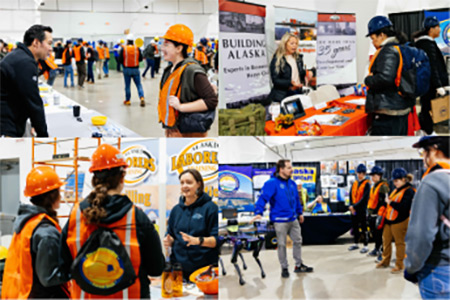 collage of vendor booth photos with attendees and vendors engaged in discussion