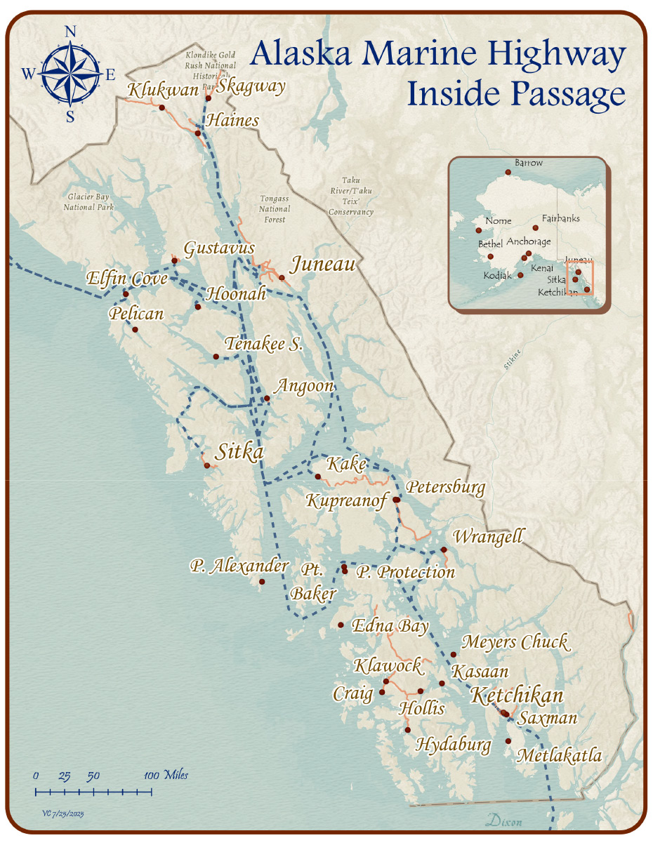 Map showing the Inside Passage communities and ferry routes between ports
