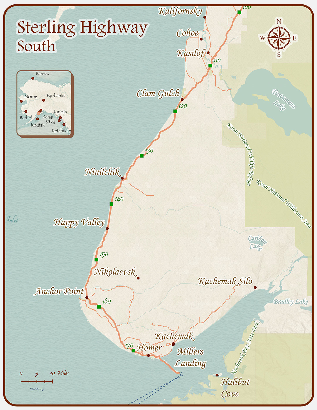 map of the south segment of the Sterling Highway
