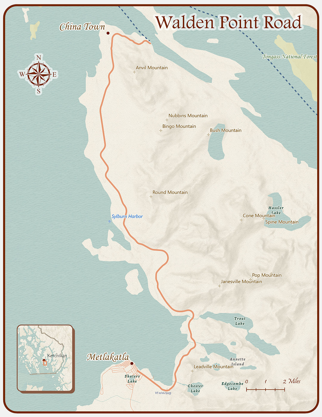 map showing the 14.7 miles of Walden Point Road from Annette Bay to the community of Metlakatla