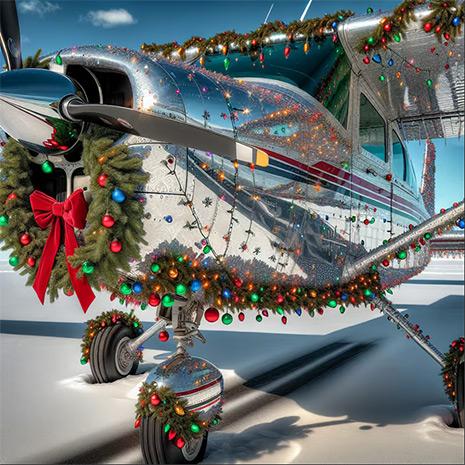 small airplane decorated with holiday cheer, ornaments, and wreaths