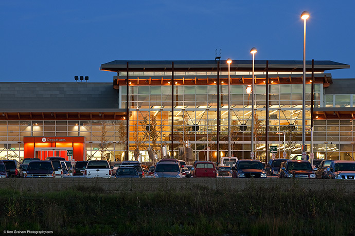 View of the front of Fairbanks International Airport under an evening sky