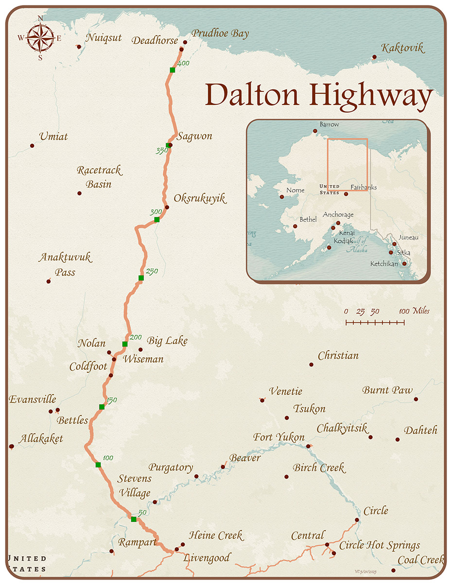 rendered map of the Dalton Highway with inset showing location within the State of Alaska.