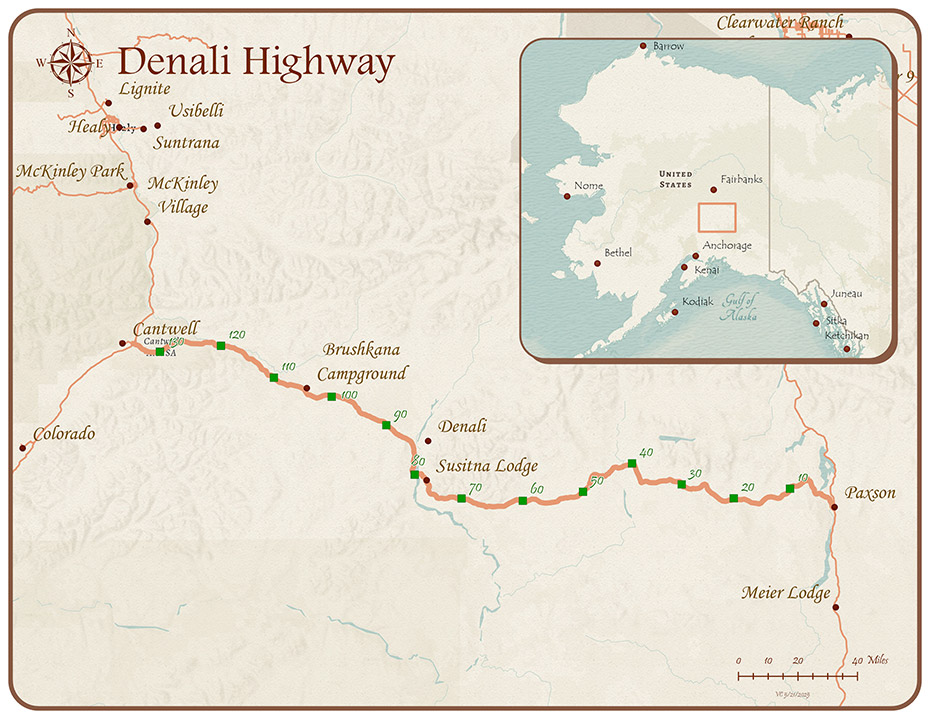 rendered map of the Denali Highway with inset showing location within the State of Alaska.