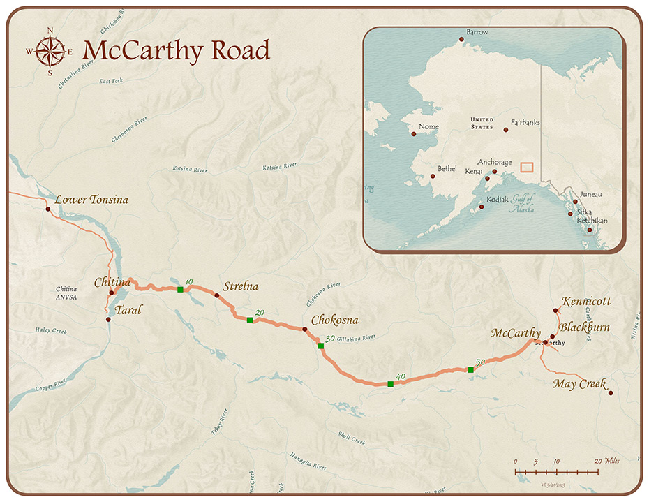rendered map of the McCarthy Road with inset showing location within the State of Alaska.