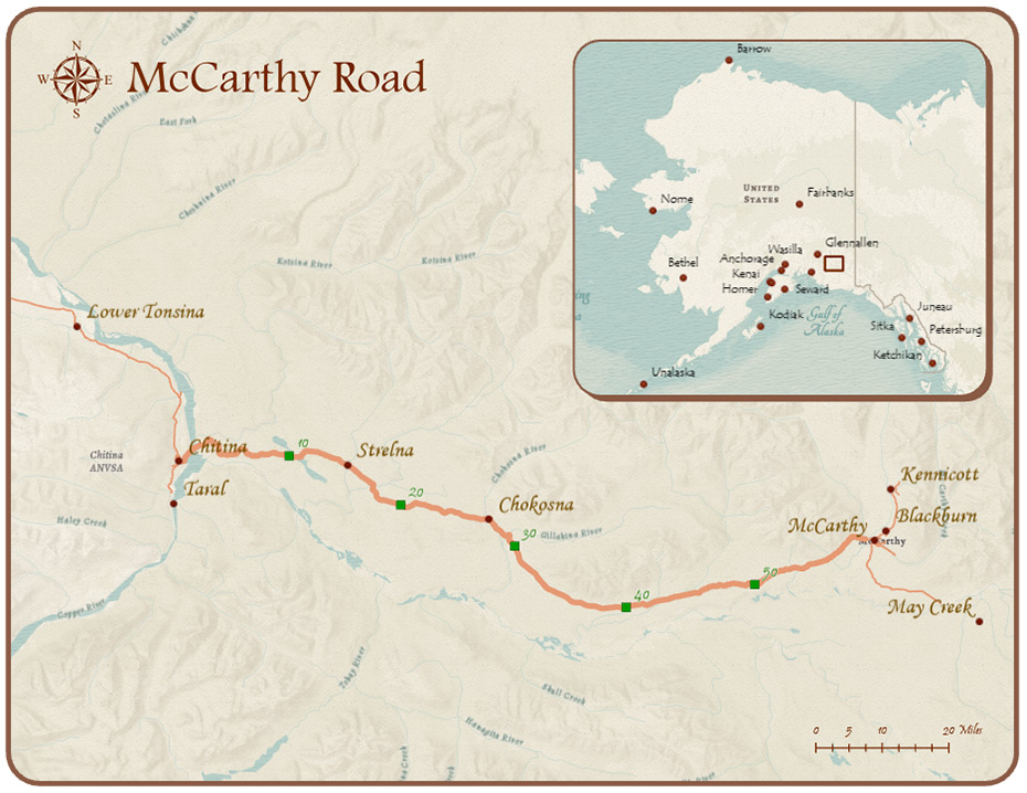 rendered map of the McCarthy Road with inset showing location within the State of Alaska.