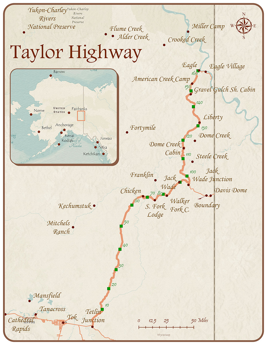 rendered map of the Taylor Highway with inset showing location within the State of Alaska.