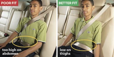for adults and older children, seat belt should be low on thighs not up on abdomen