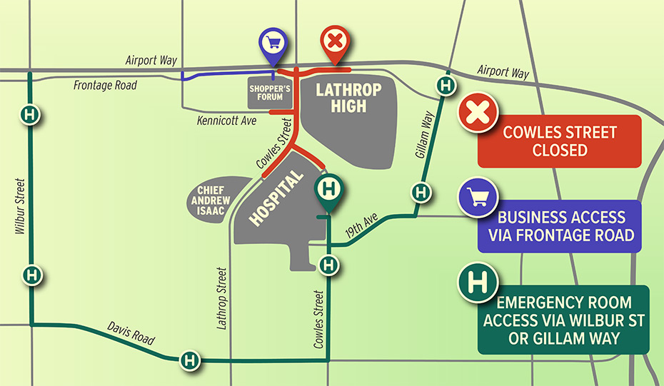 Map showing Cowles Street closed from Airport Way south to Chief Andrew Isaac medical building. A detour route to the hospital emergency room is shown from Airport Way to Wilbur Street, east on Davis, and north on Cowles. Another detour to the hospital is from Airport Way via Gillam Way to 19th Avenue. Business access to Shopper's Forum is via the frontage road west of the parking lot.