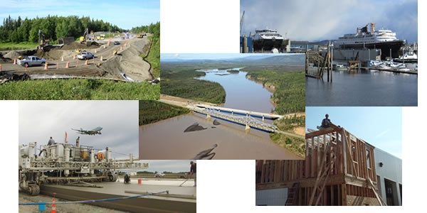 Collage of construction of bridges, roads, airports, ferries, and facilities