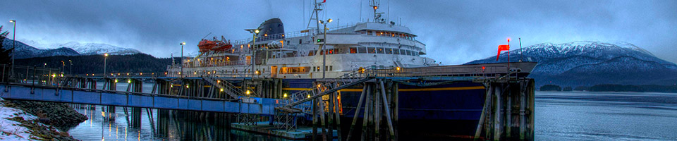 Alaska Marine Highway System ferry docked at Auke Bay Terminal in Juneau, AK