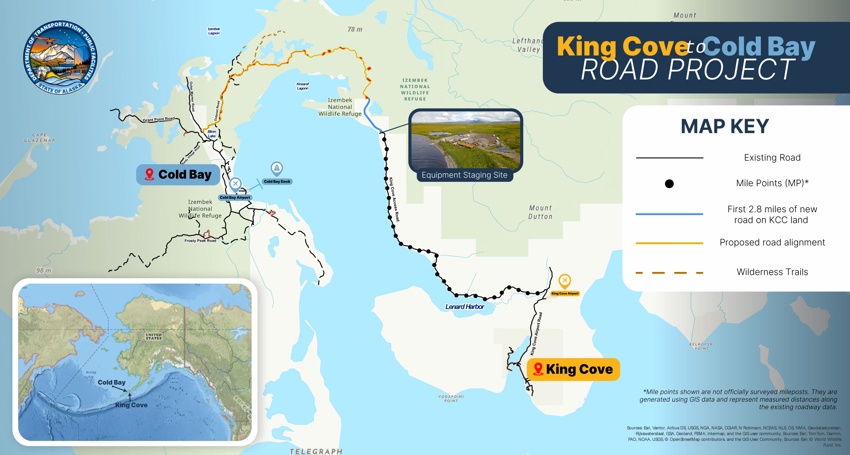 Map of the King Cove to Cold Bay Road Project showing the existing road, proposed road alignment, equipment staging site, and mile points between King Cove and Cold Bay, Alaska