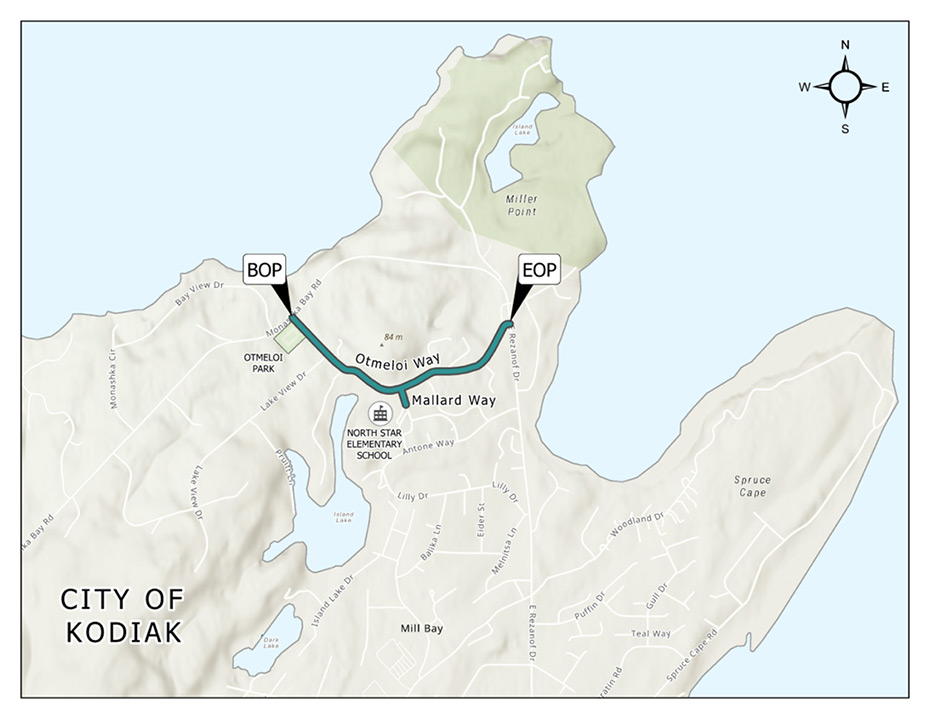 simple overhead map of the City of Kodiak with Otmeloi Way highlighted