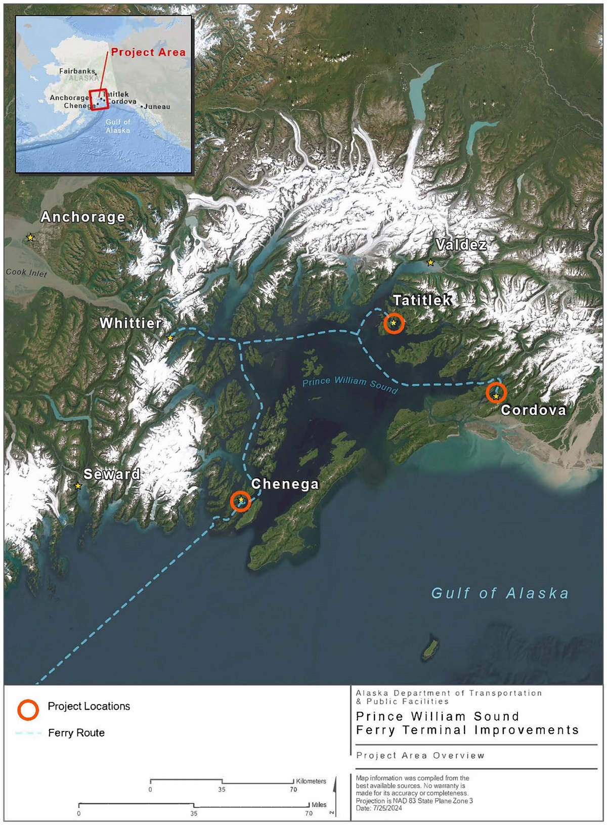 Map of the Prince William Sound Ferry Terminal Improvements project area, showing project locations at Chenega, Cordova, and Tatitlek and the connecting ferry route