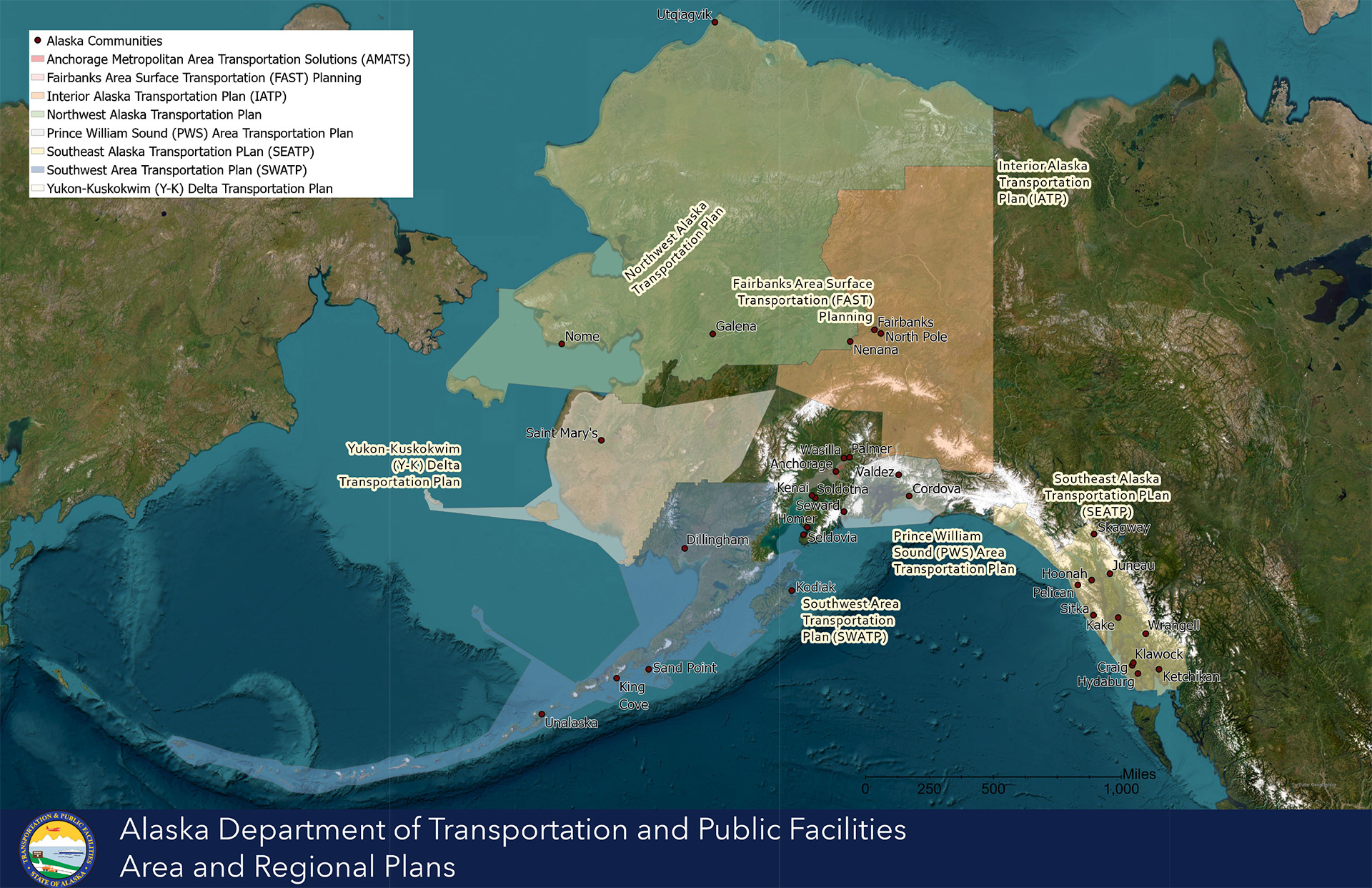 map showing the state of Alaska and the areas covered by transportation plans