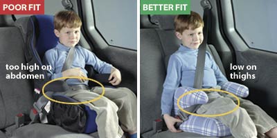 for child in booster seat, belt should be low on thighs and not up on abdomen