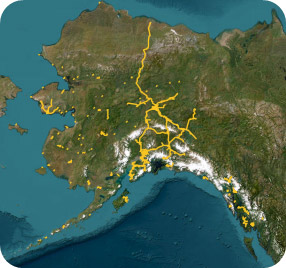 topographical map of Alaska with roads overlay to highlight the Alaska roadway system
