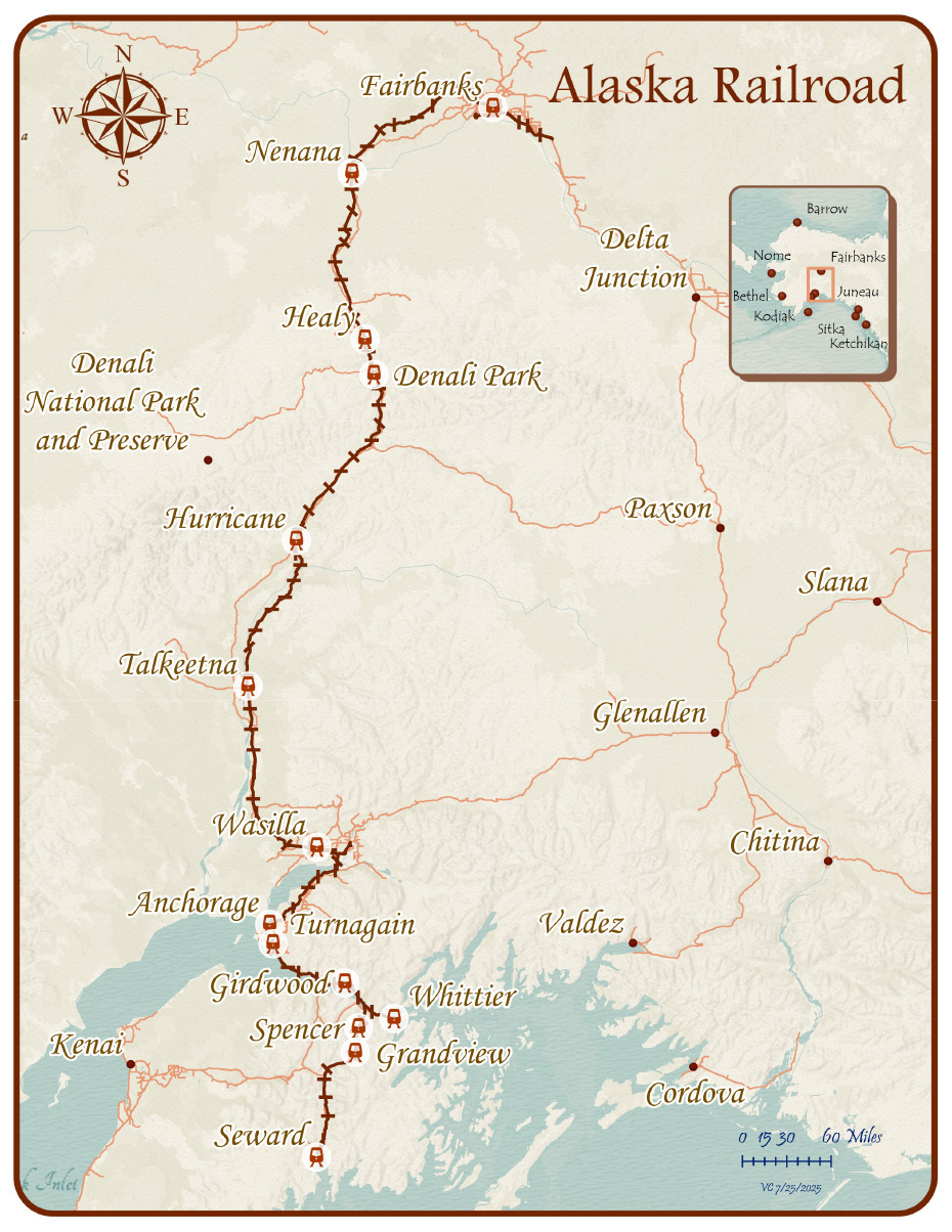 map of the Alaska Railroad route from Seward to Fairbanks