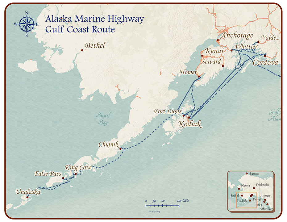 map of the Gulf Coast communities and the ferry routes