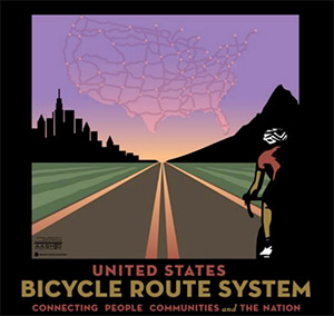 artistic rendering of a bicyclist on a road with a map of the USA floating above