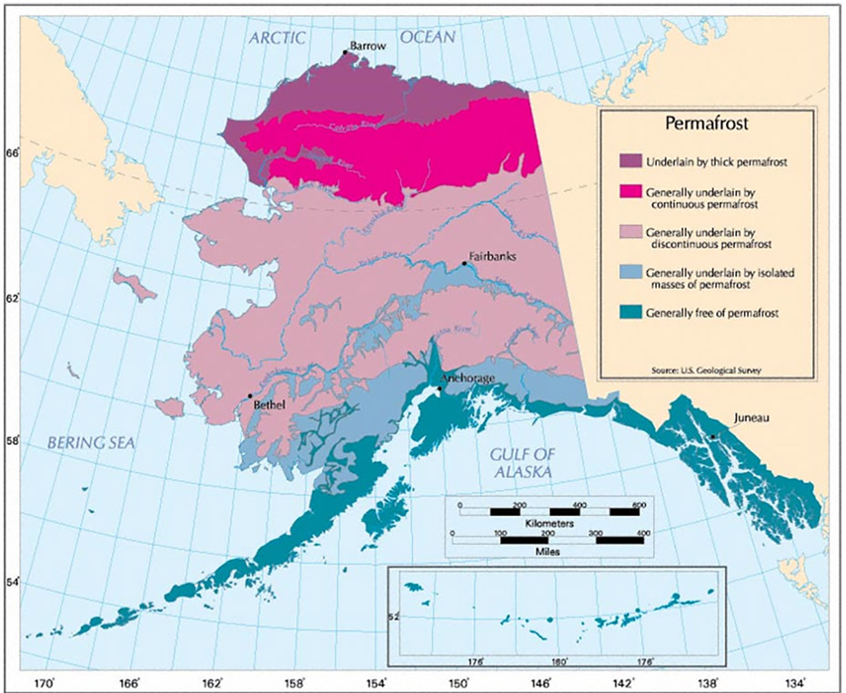 This map shows the  likelihood that permafrost will exist in a given area of Alaska