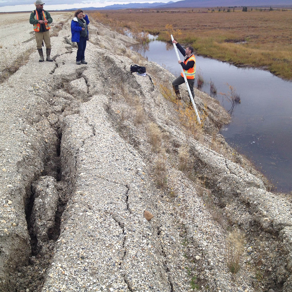 DOT&PF staff evaluate permafrost degradation damage at Noorvik Airport in 2018