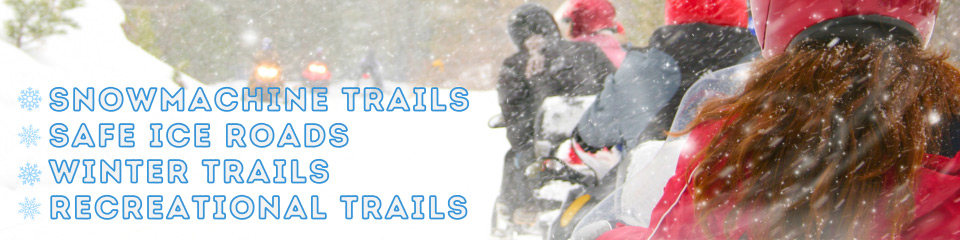 banner listing the three programs over an image of snowmachiners on a trail in motion